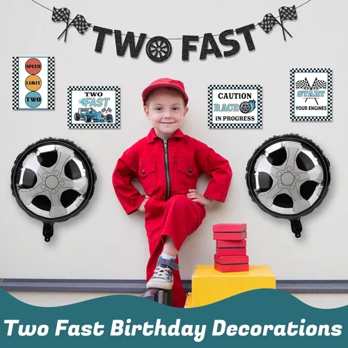 Miniatura 6 de Decoración de Cumpleaños Dos Rápido, Suministros de Fiesta de Autos de Carrera Decoraciones de 2do Cumpleaños para Bebé Niño Letreros de Fiesta