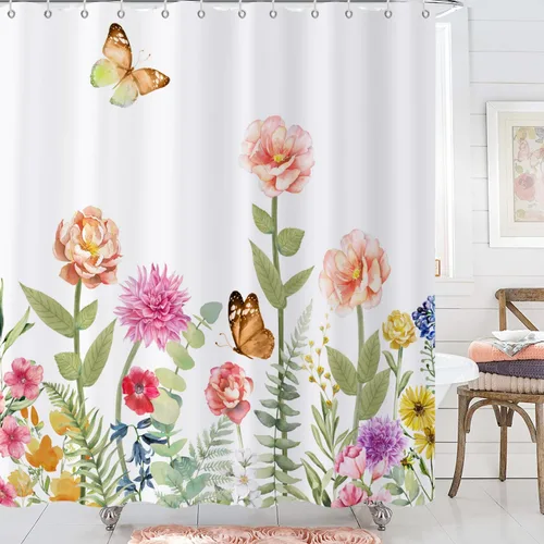 Miniatura 10 de Cortina de ducha de hojas de eucalipto en blanco y negro, hojas de acuarela negras y doradas, cortina de baño con plantas botánicas, tela