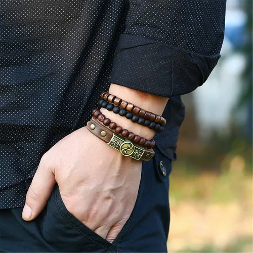 Miniatura 3 de 4 pulseras de cuero, diseño étnico con símbolo taoísta de Yin Yang