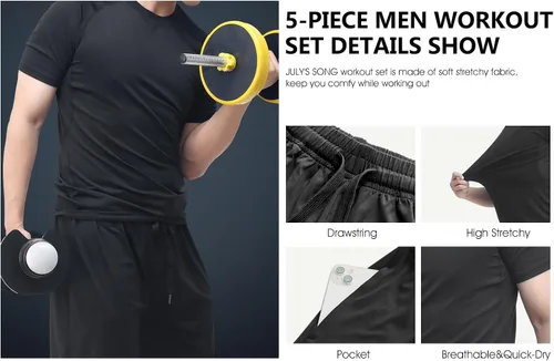 Miniatura 7 de JULY'S SONG Conjunto de entrenamiento de compresión para hombre, 5 piezas, secado rápido, pantalones cortos, mallas, chaqueta para gimnasio