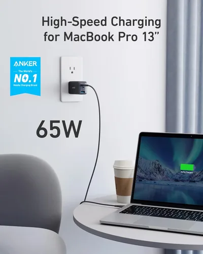 Miniatura 2 de Anker Cargador de teléfono, 65 W, 3 puertos, rápido, plegable, USB C, cargador tipo C, carga rápida para MacBook Pro/Air, iPad Pro, Galaxy S20, Dell