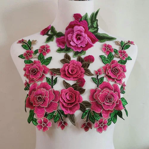 4 piezas de bordado de flores rosas para coser en parche vestido sombrero bolsa jeans apliques manualidades accesorios de ropa DIY (rojo rosa)