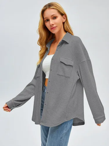 Miniatura 2 de Womens Waffle Knit Shackets Oversized Button Down Shirts Jackets Blouse Loose Fit Long Sleeve Fall Tops 2023