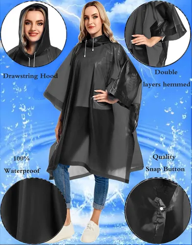Miniatura 10 de Paquete de 2 ponchos de lluvia para adultos, reutilizables, impermeables, de supervivencia, emergencia, resistente, con capucha con cordón