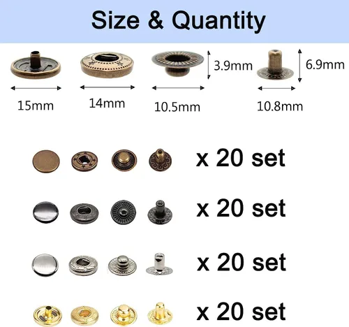 Miniatura 5 de BetterJonny - Juego de 80 cierres a presión de cuero, botones a presión de metal de 0.59 pulgadas (0.591 in) con 4 herramientas de ajuste para ropa