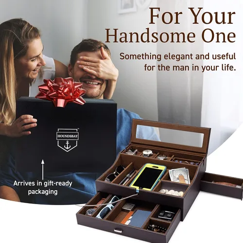 Miniatura 2 de Organizador de caja de valet para hombre, bandeja de valet grande de cuero para hombres, organizador de bandeja de valet para hombre con estación