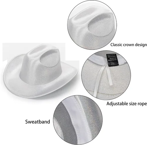 Miniatura 3 de Mealah Sombrero de vaquero holográfico brillante del oeste para mujer, sombrero de vaquera disco para boda, fiesta de disfraces musicales