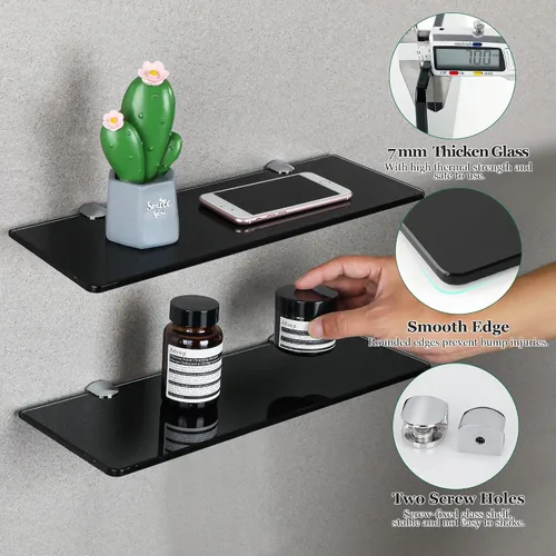 Miniatura 4 de SAYAYO Estantes flotantes de vidrio templado para baño, estante de vidrio templado cromado de 15 x 5 pulgadas para pared, 1 paquete, color negro