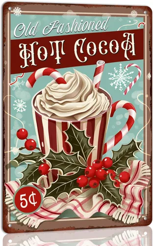 Letrero de metal con diseño de cacao caliente a la antigua, retro, Navidad, decoración de cocina, letrero vintage de bebidas navideñas, arte de