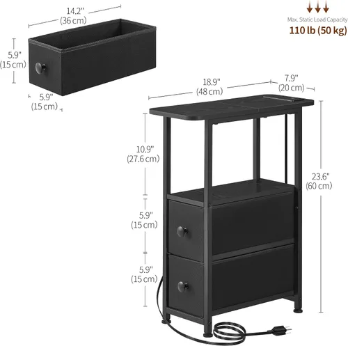 Miniatura 3 de DALEMHOME Mesa auxiliar estrecha con estación de carga, mesa auxiliar estrecha con cajón, mesita de noche pequeña con luz LED, mesita de noche