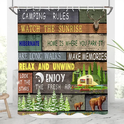 Miniatura 2 de Cortina de ducha Happy Camper de 48 x 72 pulgadas, diseño de caricaturas, remolque, hoguera, aventura al aire libre, cortina de baño para decoración