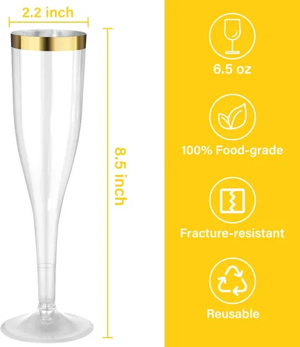 Miniatura 3 de Goodluck Paquete de 36 copas de champán transparentes de plástico de 6.5 onzas con borde dorado, vasos desechables de champán para brindis de boda