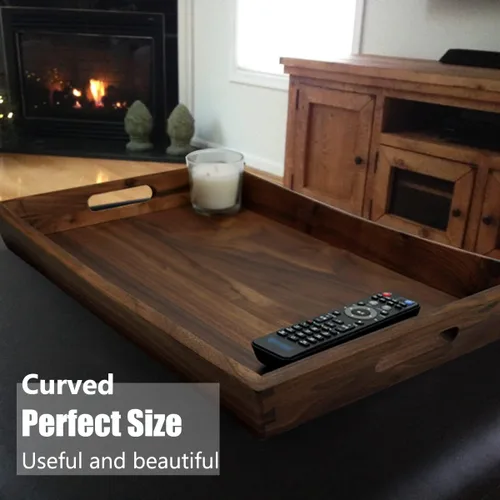 Miniatura 6 de Bandeja otomana rectangular curvada de madera de nogal negro de 22 x 14 pulgadas con asas, sirve té, café, bandeja decorativa de madera clásica