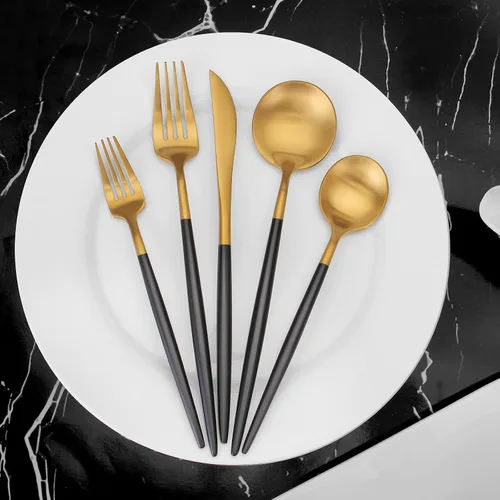 Miniatura 5 de Vanys - Juego de cubiertos dorados mate con mango negro, juego de cubiertos de acero inoxidable de 20 piezas, juego de utensilios de cocina para 4