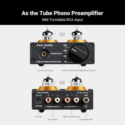 Miniatura 7 de Fosi Audio Box X2 Preamplificador de Fono, Mini Preamplificador de Audio Estéreo Hi-Fi con Engranaje de Ganancia, Preamplificador para Tocadiscos MM