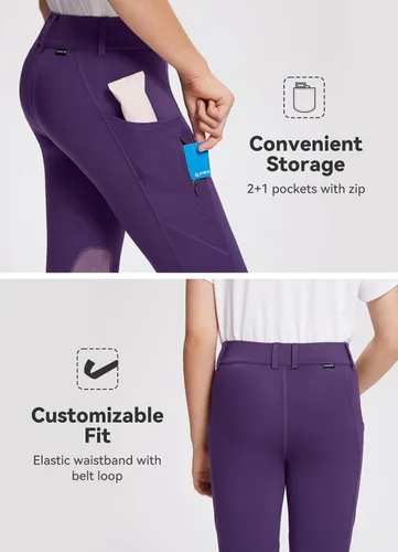 Miniatura 22 de baleaf Pantalones de equitación para niñas, pantalones ecuestres para niños, con parche en la rodilla, bolsillo con cremallera