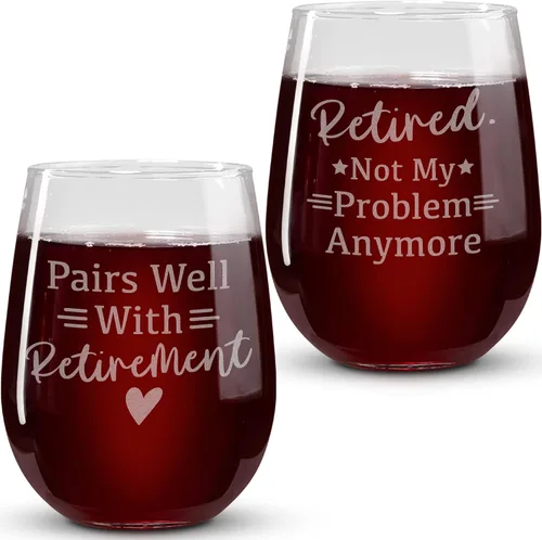 Regalos de jubilación para mujeres – Juego de 2 copas de vino sin tallo de 17 onzas – Divertidos regalos de copa de vino jubilados – Regalos de