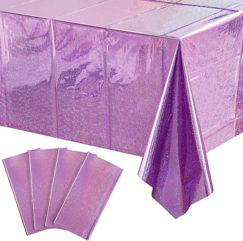 Miniatura 19 de Paquete de 8 manteles de plástico iridiscente brillantes desechables láser rectangulares, cubiertas de mesa de papel holográfico iridiscente, Rosa