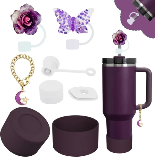 Miniatura 23 de Conjunto de accesorios para taza Stanley, incluye 2 piezas de cubierta de pajita de 0.4 pulgadas, 1 tapón antiderrame de silicona, 1 lindo encanto