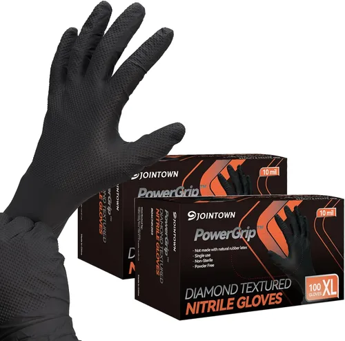 Miniatura 17 de Jointown Guantes de nitrilo resistentes mejorados de 10 mil, guantes mecánicos de nitrilo desechables, con textura de diamante elevado, caja de 100