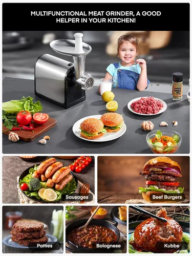 Miniatura 3 de HOUSNAT - Picadora de carne eléctrica, 3200 W máximo para uso doméstico, picadora de carne resistente 3 en 1 con 2 cuchillas y 3 platos, tubo