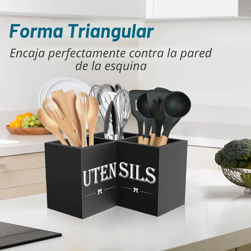 Miniatura 8 de Suli Soporte extra grande para utensilios de cocina con 3 compartimentos, organizador de utensilios de esquina para encimera, organizador de Negro