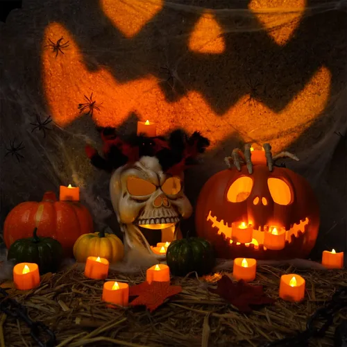 Miniatura 4 de Homemory Paquete de 12 velas de té naranja de Halloween, velas LED que funcionan con pilas, luces de calabazas pequeñas, sin llama, velas de té