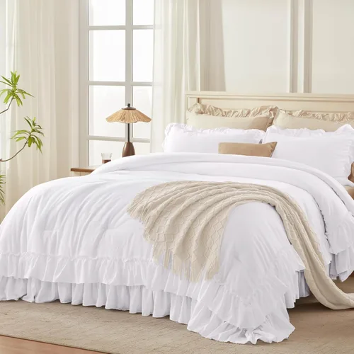 Miniatura 15 de Andency Juego de edredón blanco California King, 3 piezas ligero y esponjoso de granja shabby chic juegos de ropa de cama edredón, microfibra suave