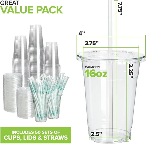 Miniatura 2 de Stock Your Home Vasos fríos transparentes de ácido poliláctico (PLA) de 16 onzas, paquete de 50 vasos desechables de fiesta para agua, café helado