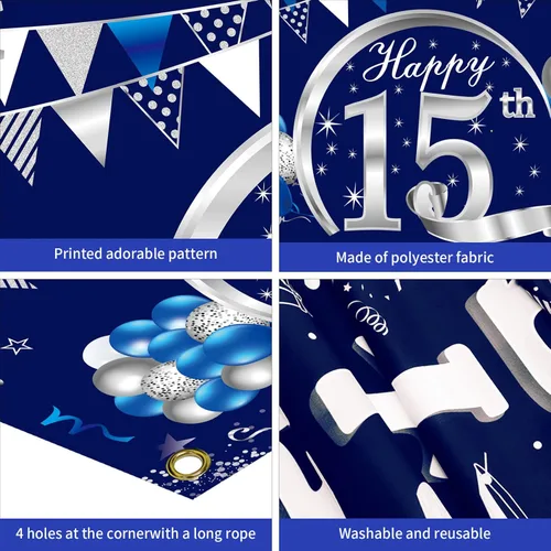 Miniatura 6 de Cartel de cumpleaños número 15 azul y plateado para niños, suministros de fiesta de fondo de cumpleaños de 15 años, póster de quince cumpleaños