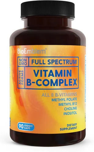 BioEmblem Complejo de vitamina B - Las 8 formas activas con metil folato, metil B12, B6, biotina más colina inositol, apoya la energía, el