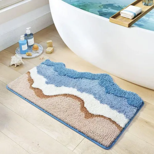 Tapete de baño azul con olas del océano, bonita decoración temática costera de playa, antideslizante, lavable, tapete de baño para dormitorio, baño,