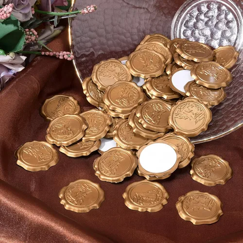 Miniatura 5 de CRASPIRE 60 calcomanías adhesivas de cera para sellar – Sello de montaña autoadhesivo dorado vintage calcomanías para sobres para tarjetas