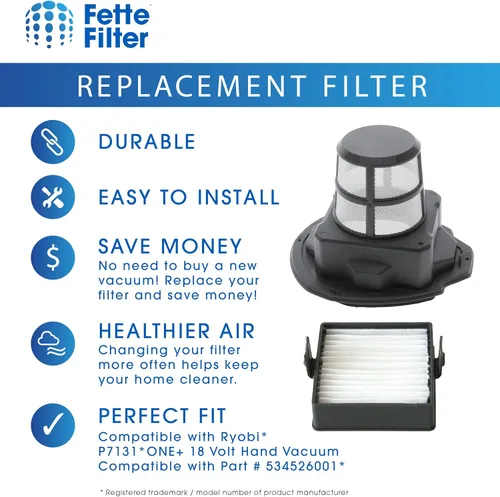 Miniatura 5 de Fette Filter - Juego de pantallas de filtro P7131 compatible con Ryobi P7131, P7131ID 18V ONE+ HAND VACUUM Parte # 534526001 y filtro 533907002