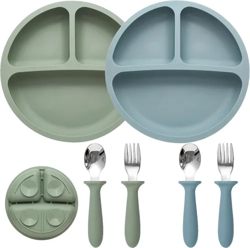 Eascrozn Juego de Alimentación para Bebé, 2 Paquetes de Placas de Succión Divididas de Silicona para Bebé, 2 Paquetes de Juego de Cucharas y
