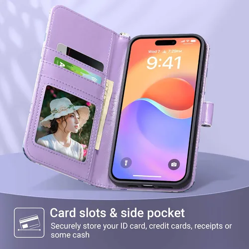 Miniatura 4 de ULAK Funda Cartera compatible con iPhone 15 Plus con tarjetero, Funda con Tapa de Flores para mujeres y niñas, de cuero PU, con soporte, correa