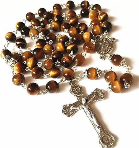 elegantmedical HECHO A MANO Ojo De Tigre Rosario Cuentas Italia Cruz Cruz CRUCIFIJO CATÓLICO COLLAR CAJA DE REGALO, Metal