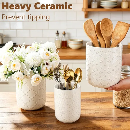 Miniatura 5 de Soporte para utensilios de cocina en relieve, recipiente de cerámica blanca para encimera, organizador grande de utensilios para espátula, cuchara