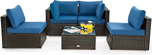 Miniatura 17 de Tangkula Juego de 6 piezas de mimbre para patio, juego de sofá de ratán para exteriores con mesa de fuego de propano de 32 pulgadas, calor de 50,000