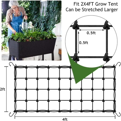 Miniatura 7 de Red de enrejado para tienda de cultivo de 2 x 4 pies, paquete de 3 redes elásticas resistentes con ganchos de acero, soporte hidropónico flexible