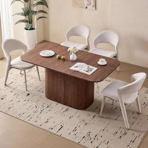 Miniatura 25 de Juego de 4 mesas de comedor grandes de 63 pulgadas para 4, esquinas redondeadas, mesa de cocina rectangular moderna de madera con sillas Boucle