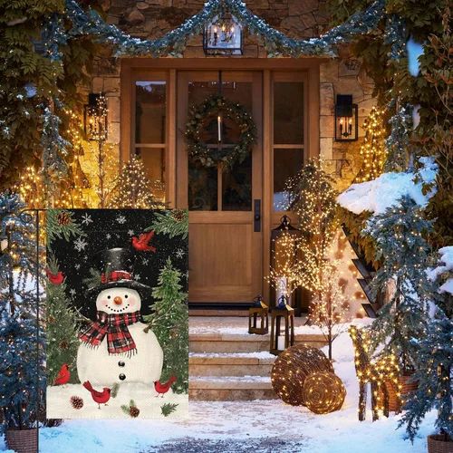 Miniatura 4 de AVOIN colorlife - Bandera de jardín de Navidad muñeco de nieve negro con bufanda, bandera decorativa de invierno para patio de granja, 12 x 18