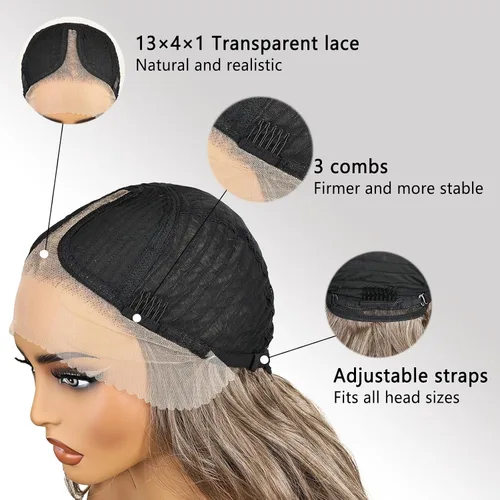 Miniatura 5 de FABELLE - Peluca de cabello sintético rubio ceniza con encaje frontal de 13 x 4 HD, sin pegamento, parte media ondulada de 30 pulgadas, para usar