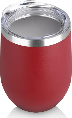 DOMICARE - Vaso de vino de 12 onzas con tapa, hecho de acero inoxidable con aislamiento al vacío de doble pared, paquete de 1 unidad, color rojo