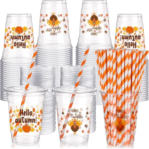 Miniatura 12 de Yaomiao 300 Piezas Vasos de Plástico de Baloncesto de 12 oz con Tapas y Pajitas Vasos Transparentes Desechables de Plástico Feliz Fiesta Temática