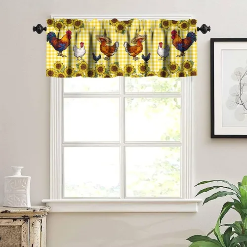 Miniatura 3 de Cenefa de ventana de gallo de Western Farm, pollo, girasol, retro, con estampado de cuadrícula de búfalo amarillo, bolsillo para barra, tratamientos