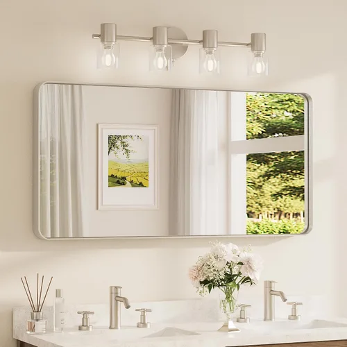Miniatura 94 de TETOTE Espejo de marco dorado cepillado de 16 x 24 pulgadas, espejo de tocador de baño de latón dorado para pared, espejo enmarcado rectangular
