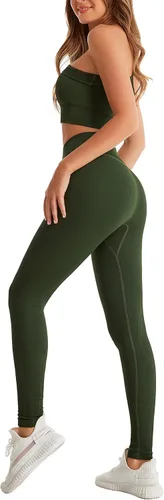 Miniatura 7 de Yknktstc Conjuntos de entrenamiento para mujer brasier deportivo acanalado sin costuras traje de 2 piezas cintura alta gimnasio yoga leggings