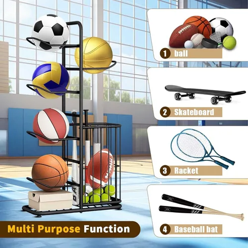 Miniatura 5 de Basketball Storage Rack, Sports Equipment Organizer, Yoga Mat Storage Basket, Multi-Tier Ball Storage Rack with Adjustable Feet for Garages, Courts
