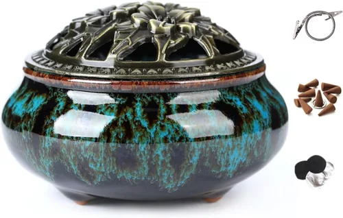 Censer - Quemador de incienso azul cielo con soporte para varillas de incienso de calabaza - Incensario de porcelana para carbón para uso con resina